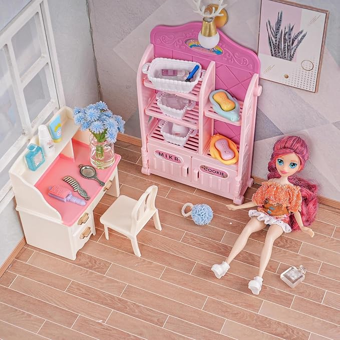 74Pcs Dollhouse Acessories Furniture Mini Cabinet with Drawers Case Handbag Towel Cosmetic Set Bathroom Toothbrush Shampoo Hair Dryer Comb Purse Decor DIY Doll Backpack Girl Micro Scene Makeup