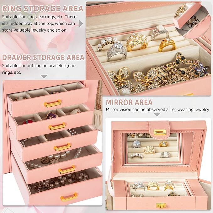 AKOZLIN Jewelry Box Organizer Functional Leather Jewelry Storage Case for Women Girls Ring Necklace Earring Bracelet Holder Organizer with Mirror Pink