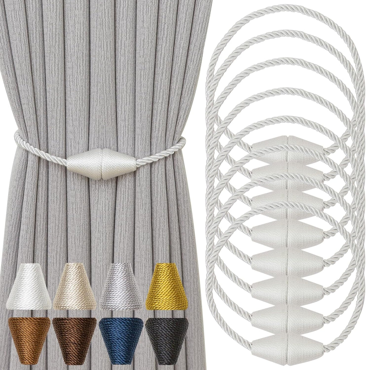 Magnetic Curtain Tiebacks 8 Pack Outdoor Rope Curtain Tie Backs Decorative Window Treatment Holdbacks for Home Decorative Curtain, White