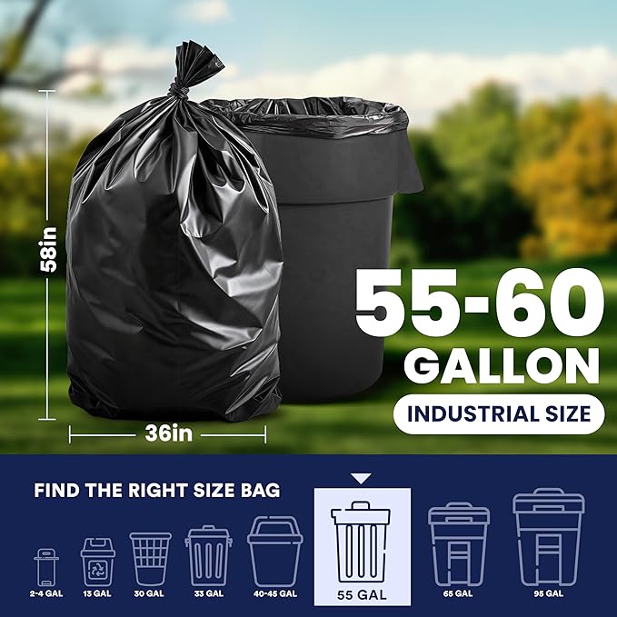 Plasticplace 55-60 Gallon Trash Bags │ 1.5 Mil │ Black Heavy Duty Garbage Can Liners │ 36” x 58” (100 Count)