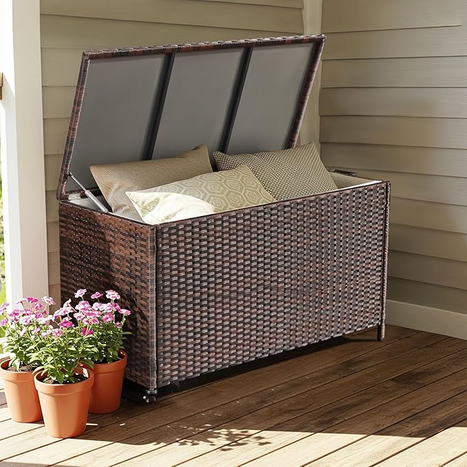 AVAWING 70 Gallon Wicker Deck Box, Outdoor Storage Container with 2 Universal Wheels & Hinged Lid, Patio Rattan Furniture for Garden Tools, Pillows, Pool, Brown