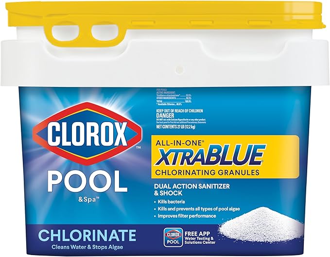 Clorox® Pool&Spa All in One XtraBlue Chlorinating Granules, Dual Action Sanitizer & Shock, Kills Bacteria (27 LB)