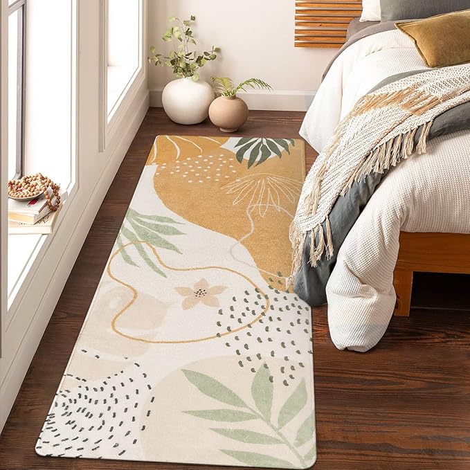 Lahome Boho Long Bathroom Rugs - 2x7 Rug Lightweight Washable Non-Slip Runner Rugs for Bedroom Throw Soft Bath Mat Runner, Taupe Botanical Print Indoor Carpet Runner for Entryway Hallway Kitchen
