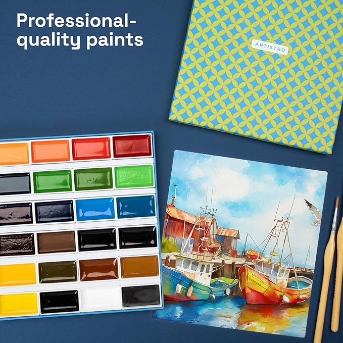 ARTISTRO Professional Watercolor Paint Set for Adults - 24 Pigment-Rich Colors, XL Pans, ASTM-I Lightfastness, High Tinting Strength Watercolor Set for Professionals made by Professionals