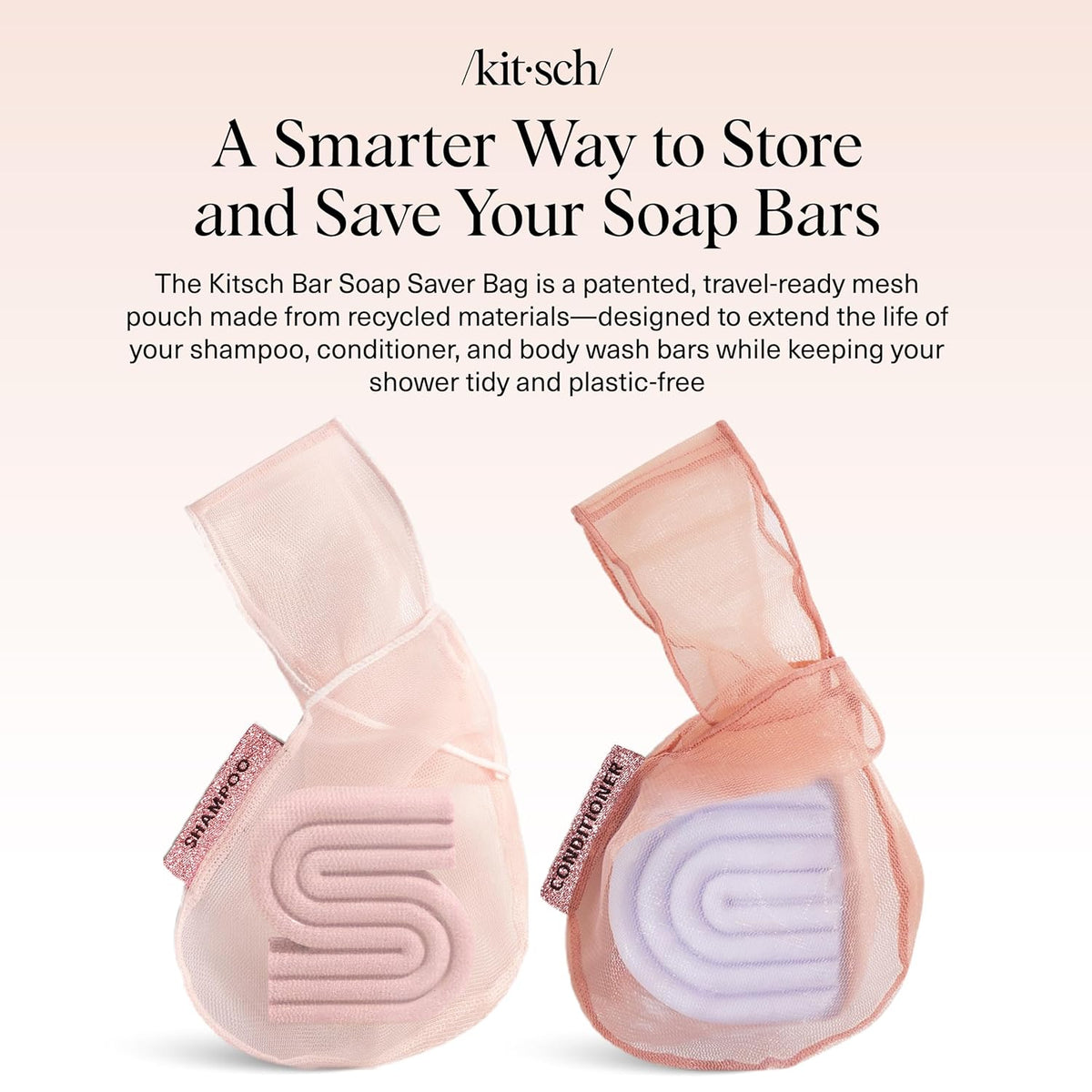 Kitsch Bar Soap Saver Bag – Patented Mesh Bag Soap Holder for Shampoo and Conditioner Bars - Extends Use & Prevents Soggy Mess - Recycled Mesh Beauty Pouch, Eco-Friendly - 2pc Set, Blush & Terracotta