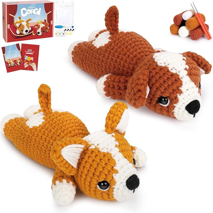 Crochet Kit for Beginners, 2 Adorable Corgi Dog Crochet Animals Kits, Easy Beginner Crochet Kit for Adults & Kids, Women & Men, DIY Craft Knitting Kit with All Supplies