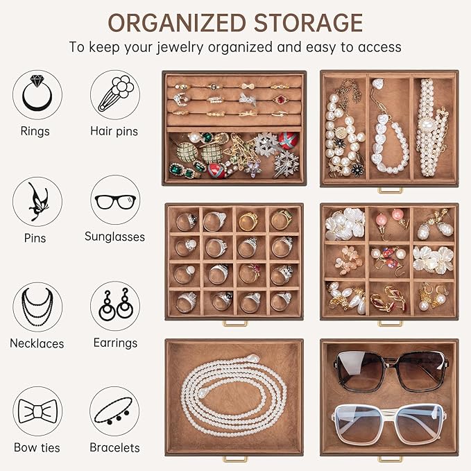 AKOZLIN 6-Tier Jewelry Box Organizer Functional 5 Drawers Leather Jewelry Storage Case for Women Girls Ring Necklace Earring Bracelet Holder Organizer with Mirror Brown
