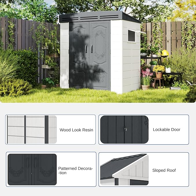 6x4FT HDPE Resin Outdoor Storage Shed with Sloped Roof, Injection Molded Plastic Lean to Garden Tool Shed, All Weather Resistant, Lockable Double Doors & Ventilation for Backyard Patio