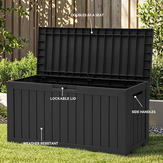 YITAHOME 72 Gallon Outdoor Storage Box w/Wheels, Resin Deck Box Indoor & Outdoor Patio Storage Box for Throw Pillows, Athletic Gear(Black)