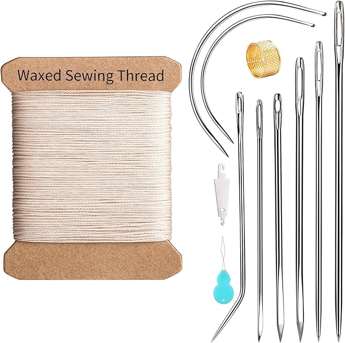 Repair Sewing Kit, Upholstery Needle and Thread Kit with 32 Yard Waxed Thread and 8 Pcs Heavy Duty Leather Needles for Hand Stitching, Canvas & Quilting - 0.55mm Round Waxed Cord Beige