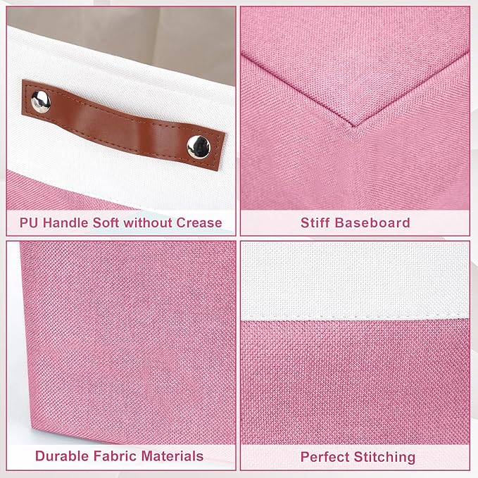 13x13 Cube Storage Bins, Collapsible Fabric Storage Box, 4 Pack Closet Baskets with Handles for Organizing, Shelf, Toys, Clothes, Home, Office, Nursery (Pink&White)