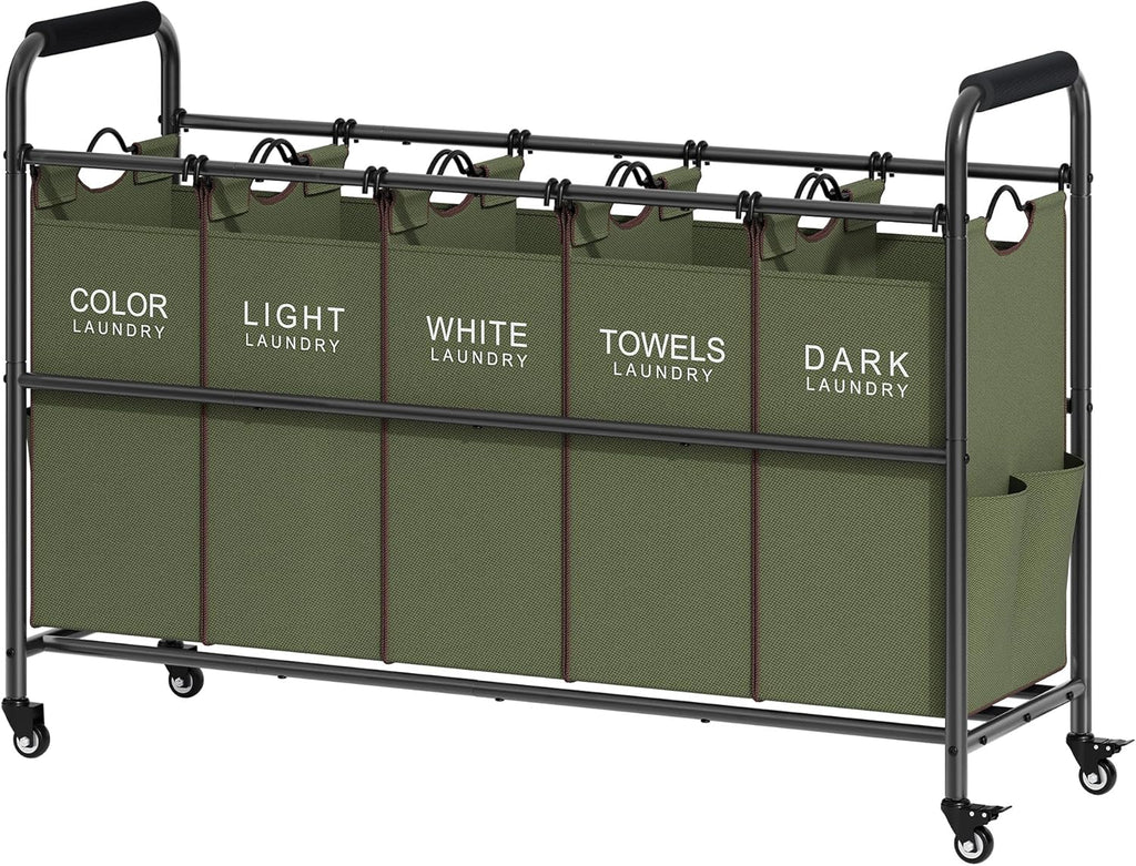 Tajsoon 5 Sections Laundry Sorter, Laundry Hamper with Heavy Duty Lockable Wheels and Removable Bags, 5 Bag Laundry Sorter Cart for Dirty Clothes Storage, Laundry Separator Hamper, Green