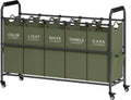 Tajsoon 5 Sections Laundry Sorter, Laundry Hamper with Heavy Duty Lockable Wheels and Removable Bags, 5 Bag Laundry Sorter Cart for Dirty Clothes Storage, Laundry Separator Hamper, Green