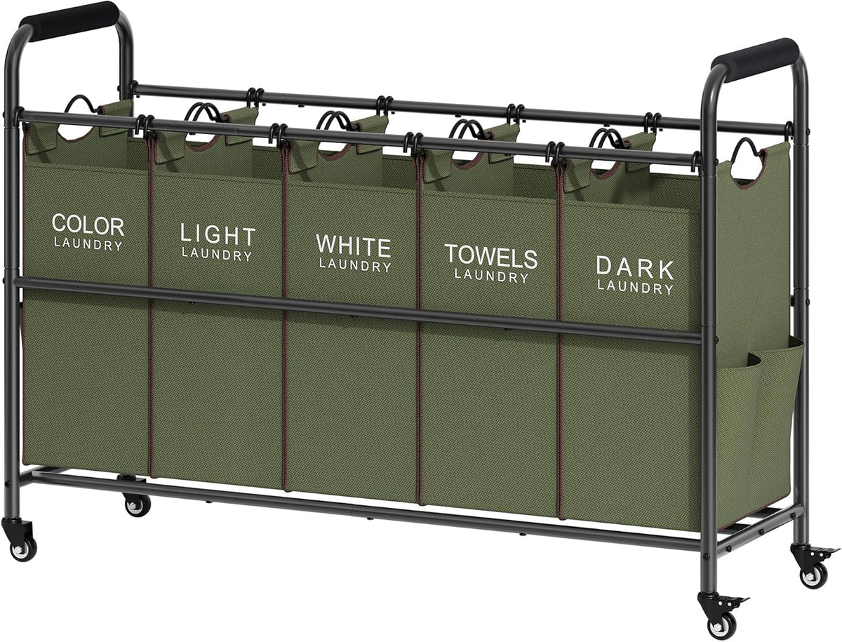 Tajsoon 5 Sections Laundry Sorter, Laundry Hamper with Heavy Duty Lockable Wheels and Removable Bags, 5 Bag Laundry Sorter Cart for Dirty Clothes Storage, Laundry Separator Hamper, Green