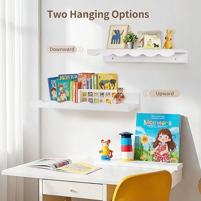 Nursery Book Shelves, 4 Pack White Floating Shelves for Wall, Wood Scalloped Shelves for Storage Books, Wall Book Shelf for Kids Rooms, Bedroom, Toddler Room, Baby Room, Nursery Decor
