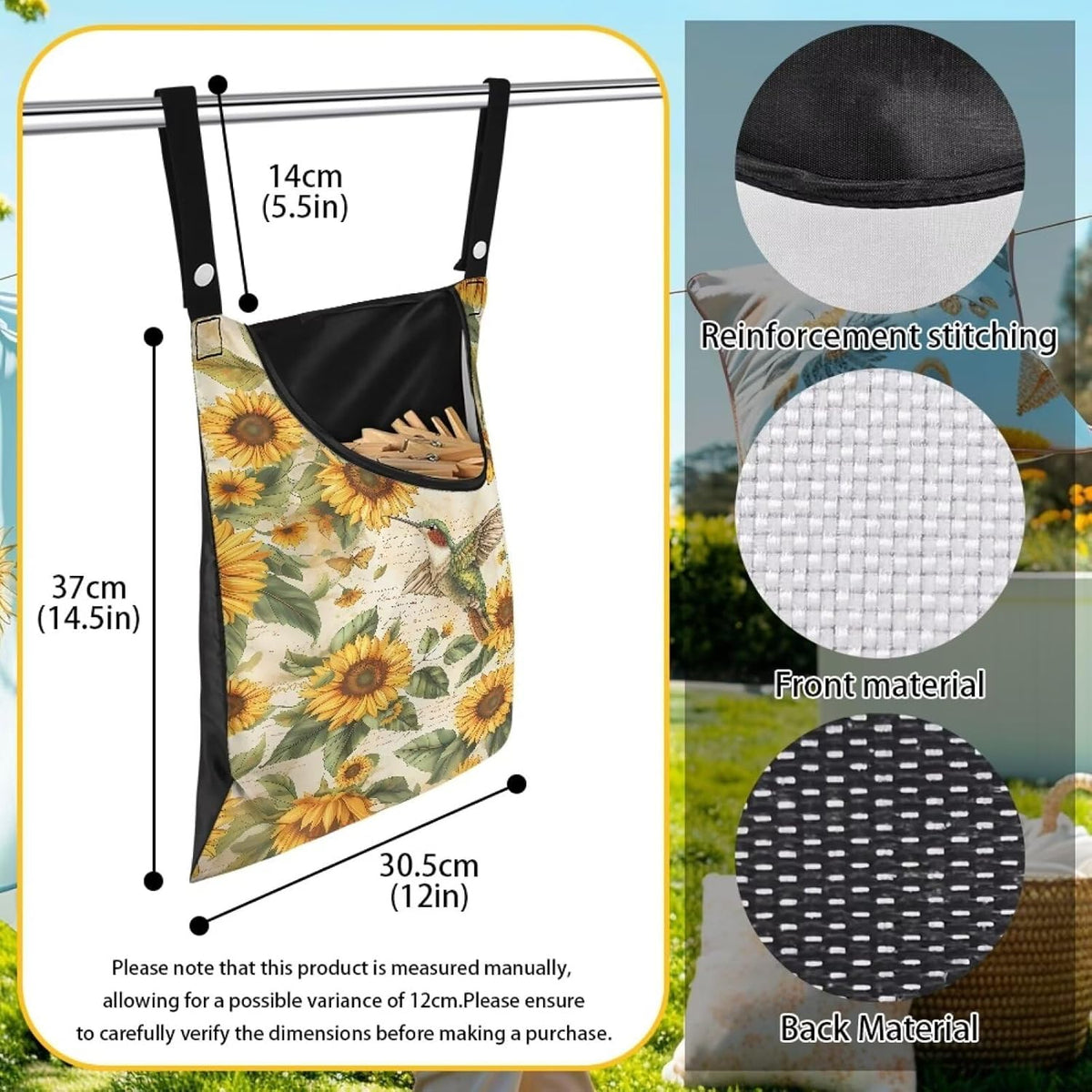 Hummingbird Laundry Clothespin Bag Clothespin Storage Hanger Bag with a Large Opening, Hanging Storage Organizer with Hanging Rope for Home Outdoor, 14.5 x 12 Inch