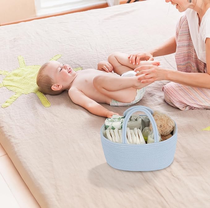 Diaper Caddy Organizer Cotton Rope Baby Basket Nursery Storage and Portable Tote Bag for Car Ideal Baby Shower Gifts and Registry Must-Have for Newborn Essentials blue
