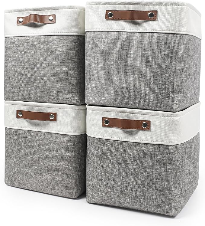 13x13 Cube Storage Bins, Collapsible Fabric Storage Box, 4 Pack Closet Baskets with Handles for Organizing, Shelf, Toys, Clothes, Home, Office, Nursery (Grey&White)