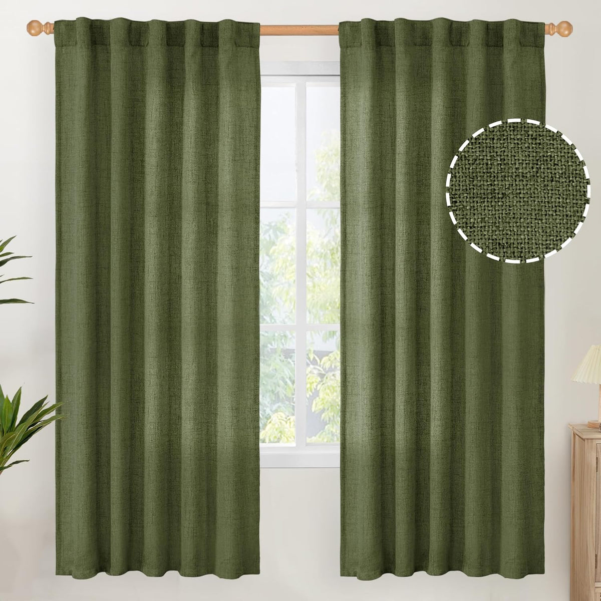 YoungsTex Olive Green Linen Curtains for Living Room 72 Inch Length, Light Filtering Rod Pocket Window Drapes Back Tab for Office Bedroom Farmhouse Lightweight, 2 Panels, 42 X 72 Inch