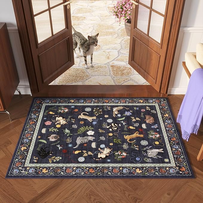 Rugcomf Door Mat Indoor Entrance 2x3 Rug Machine Washable Boho Floral Animal Cat Small Area Rug Non-Slip Low Pile Throw Rugs for Entryway Kitchen Front Door Entry Kids Room, Cobalt Blue
