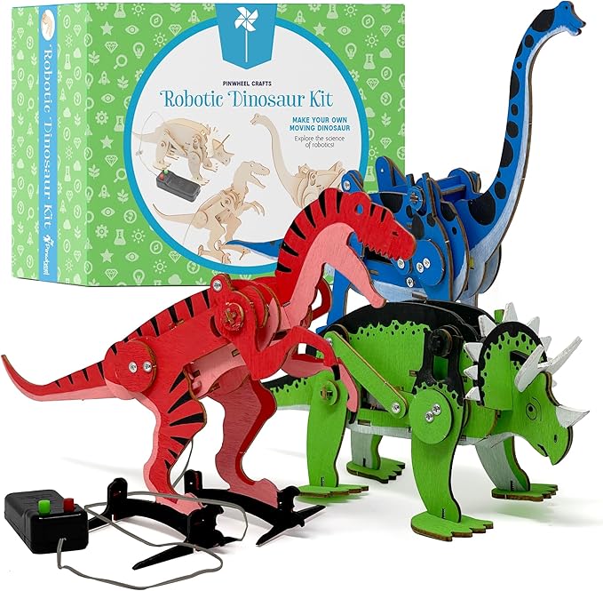 Pinwheel Crafts Robotic Dinosaur Arts & Crafts Science Kit for Kids Ages 6-12 – Wooden Dinosaur Toys with Paints – Ideal Gift for 6-Year-Old Boys