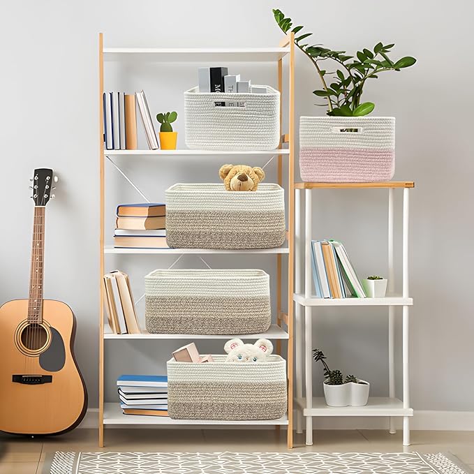 COMFY-HOMI Cotton Rope Woven Basket with Handles for Shelves,Toys,Book, Cloth Storage Baskets for Organizing-17" x 13" x 7.5" Toy Decorative Organizer for Living Room, Bathroom （white/3 brown）