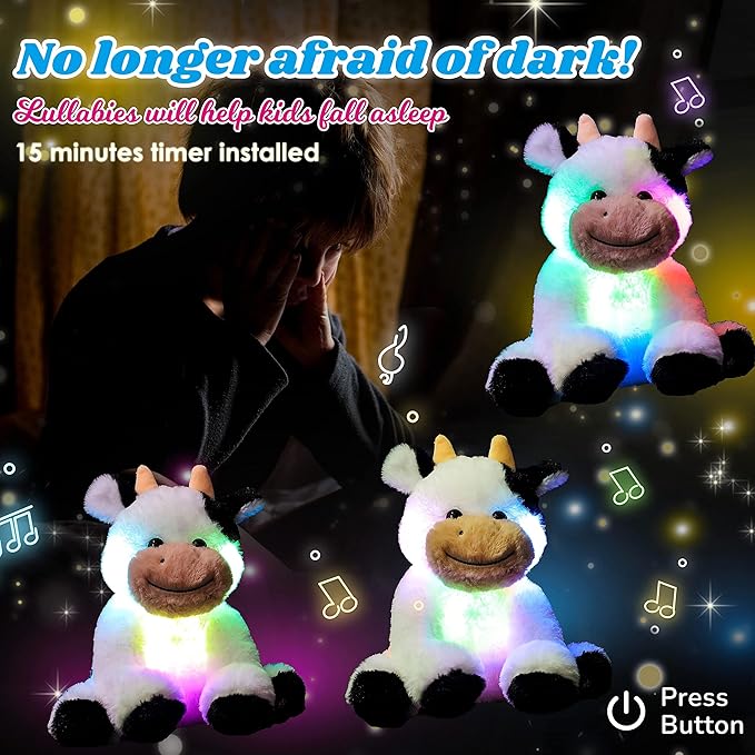 Cuteoy Glowing LED Cow Light-up Nightlight Toys Musical Plush Stuffed Animal Soft Singing Lullabies Birthday Christmas Plushies Gifts for Kids Boys Girls,10"