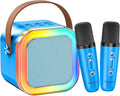 Kinglucky Mini Karaoke Machine for Kids, 2025 TOP Birthday Gifts Ideas for 3-12 Year Old Girls, Christmas Party Gifts Kids' Personal Video Players Accessories with 2 Wireless Microphones - Gold Blue