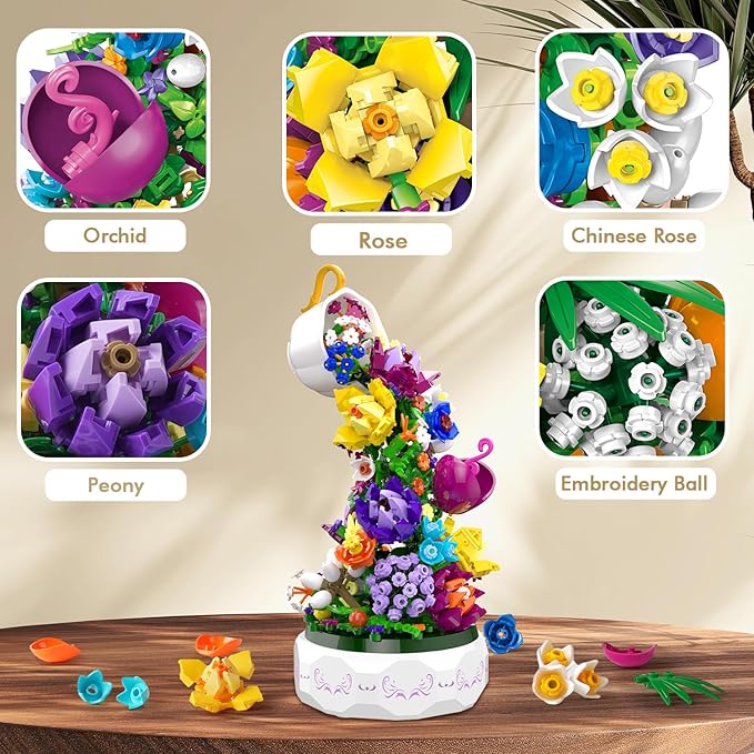 HOGOKIDS Flowers Music Box Building Block Kit with Light- 571PCS Mother's Day Decoration Rotating Music Box Building Blocks Set | Botanical Collection Birthday Gift for Girls Boys Adults Kids Ages 6+