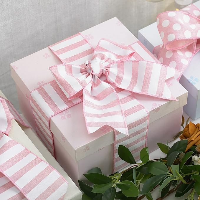 MEEDEE Pink Striped Burlap Ribbon - 2.5 Inch Wired Ribbon for Baby Girl Wreaths & Cakes, 10 Yards