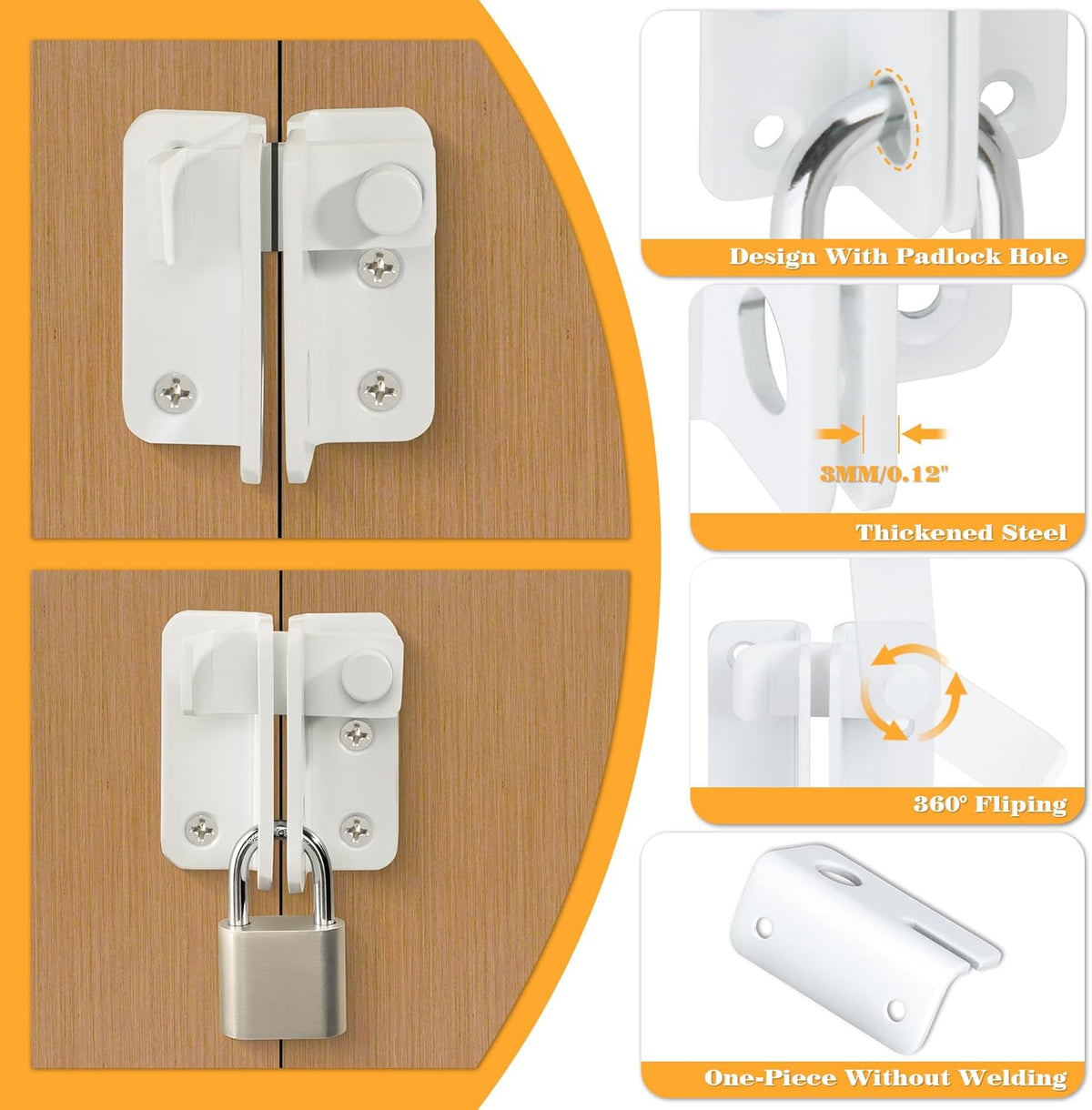 Alise Flip Latch Gate Latches Slide Bolt Latch Safety Door Lock Catch for Barn Cabinet Pet Cage Garden Bathroom Garage Window Sliding Door,Stainless Steel White Finish MS3006R-W