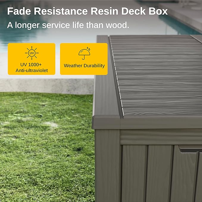 EAST OAK Outdoor Storage Box, 150 Gallon Deck Box, Large Resin Storage Bin for Patio Cushions, Gardening Tools, Lockable, Waterproof and UV Resistant, Grey