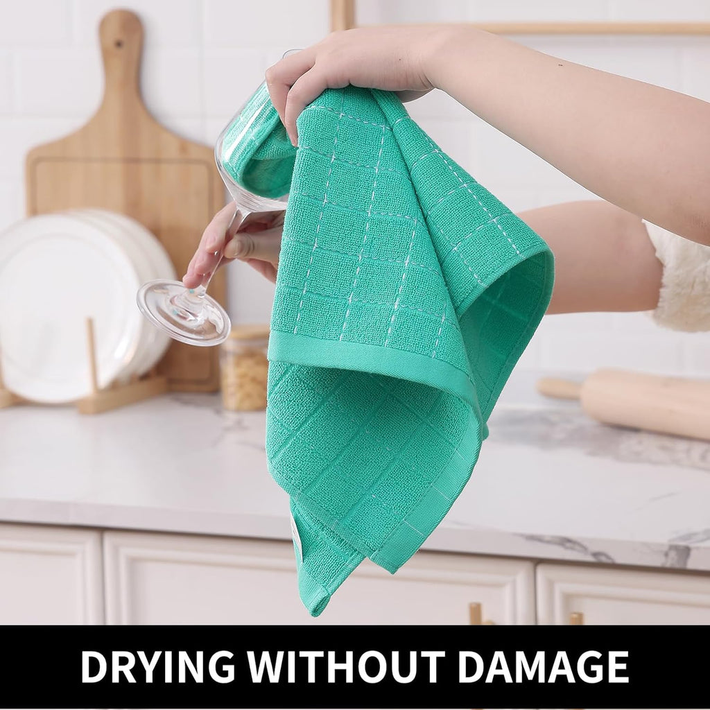 Homaxy 100% Cotton Terry Kitchen Towels(Turquoise, 13 x 28 inches), Checkered Designed, Soft and Super Absorbent Dish Towels, 4 Pack