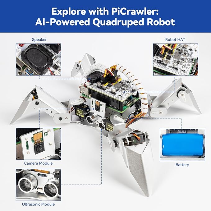 SunFounder PiCrawler AI Robot Kit for Raspberry Pi 5/4/3B+/3B/Zero 2W, ChatGPT-4o Enabled with Voice Command & Video Recognition, App Control, FPV, Camera, Python&Scratch (RPi NOT Included)