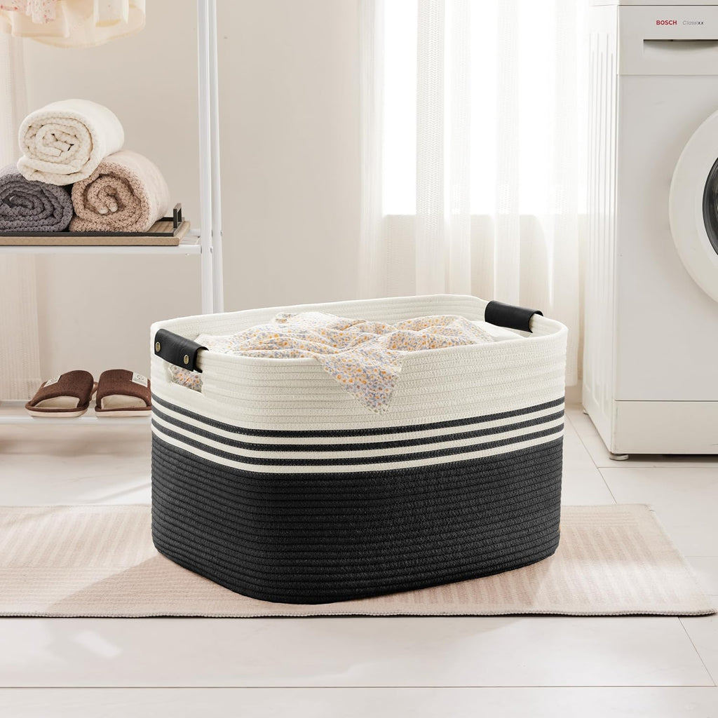 86L Extra Large Laundry Basket with Leather Handles for Living Room Storage, Woven Rope Baskets for Blanket, Kids Toy, Gifts, Wicker Hamper for Bedroom Dirty Clothes, 24"x16"x14" White Black