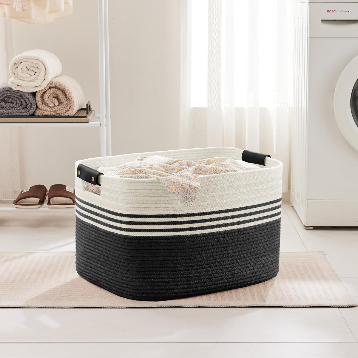 86L Extra Large Laundry Basket with Leather Handles for Living Room Storage, Woven Rope Baskets for Blanket, Kids Toy, Gifts, Wicker Hamper for Bedroom Dirty Clothes, 24"x16"x14" White Black