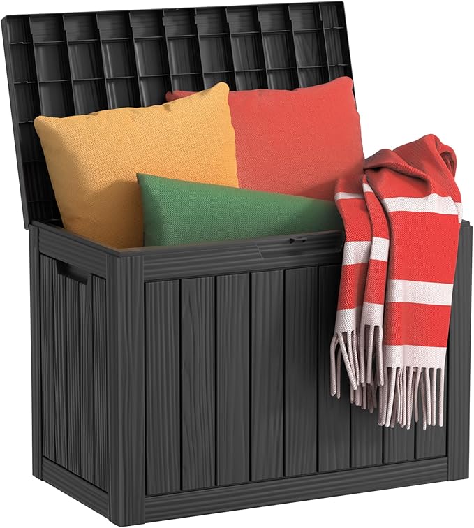 45 Gallon Waterproof Resin Deck Box, UV Resistant Outdoor Storage for Garden, Patio, Porch, Delivery, Striped Black
