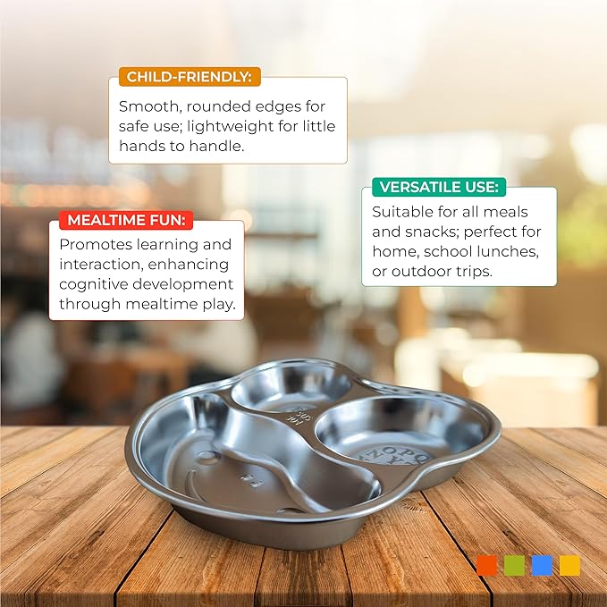 Stainless Steel Plates for Kids, Toddler Plate, Non Toxic Baby Dinnerware, BPA-Free Feeding Tray, Durable, Easy to Clean, Compatible with Dishwasher, Freezer, Microwave