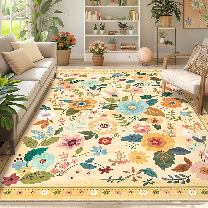 Floral 9x12 Area Rug Machine Washable Soft Print Boho Carpet Non Slip Doormat Low Pile Flower Area Rugs for Living Room Bedroom Nursery Kitchen Dining Room Indoor-Ivory/Yellow