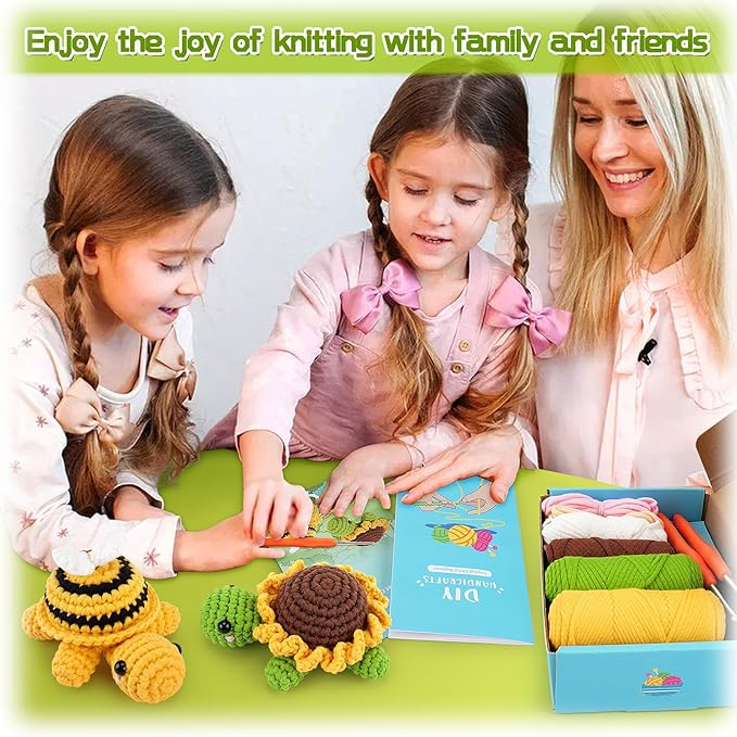 Crochet Kit for Beginners, Crochet Animal Kit with Step-by-Step Video Tutorials, 2PCS Bee and Sunflower Turtles Crocheting Kit for Adults Kids, Easy Yarn for Starter, Stuffed Animal Knitting Kit