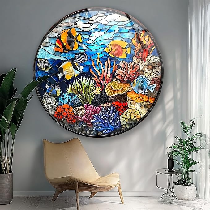 My Photostation.com 31.5''(80cm) Diameter Coral Reef Mosaic Round Glass Wall Art Tempered Glass Printing Wall Decor Large Wall Art Wall Hangings