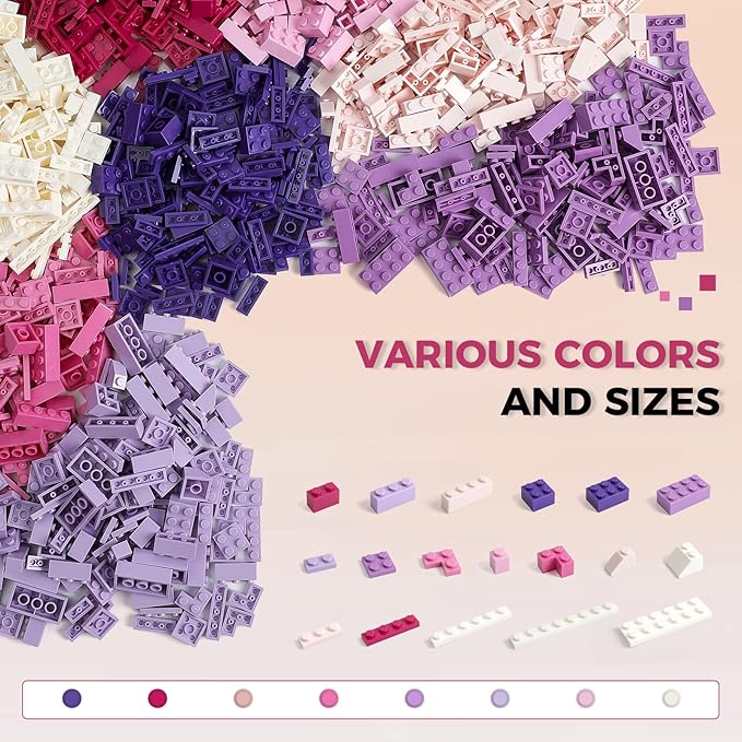 1500 Pieces Building Bricks, Building Bricks Set for Girls Age 6-7-8-12, Classic Bulk Small Blocks, Blocks Set (Pink Purple White)