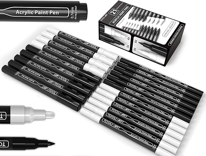 TOOLI-ART Black And White Acrylic Paint Markers Paint Pens Set For Rock Painting, Canvas, Mugs, Metal, Glass Paint, Fabric, Wood, DIY. Non Toxic, Quick Dry,Waterbas (EXTRA FINE & MEDIUM)