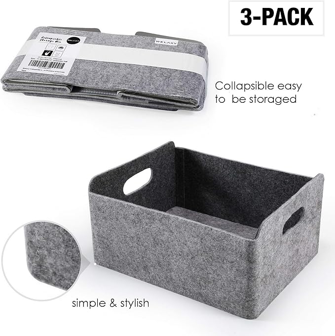 Welaxy Storage Baskets Collapsible Felt Storage bin Foldable Shelf Drawers Organizers for Kids Pet Toys magazine Books Clothes Closet Cabinet decluttering (Charcoal x 3)