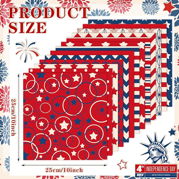 Ganeen 60 Pcs 10 x 10 Inch Vintage Patriotic Quilting Fabric Squares Red Blue White Fabric Bundle Retro 4th of July Fat Patchwork Precut Stripes for Memorial Day Handmade Material Sewing DIY Crafts