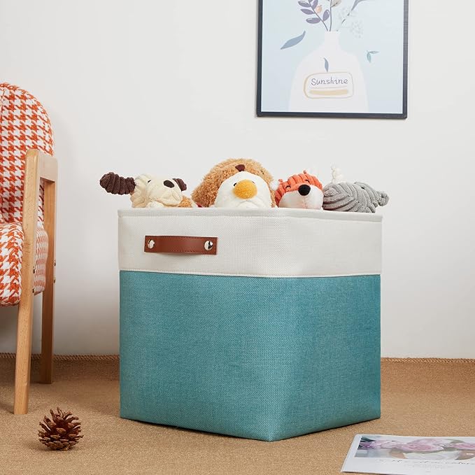 DULLEMELO Storage Bins for Organizing,Closet Storage Baskets for Gift Empty,Large Linen Canvas Storage Bins with Handles for Home Office Toys Shelves(White&Teal, 13 inch Cube)