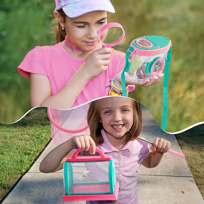 ROBOTIME Kids Explorer Kit & Bug Catcher Kit for Kids, 10PCS Outdoor Bug Catching Kit with Magnifying Glass & Net, Adventure Set for Backyard & Camping, Fun Gift for Girls 3-12 (Pink)