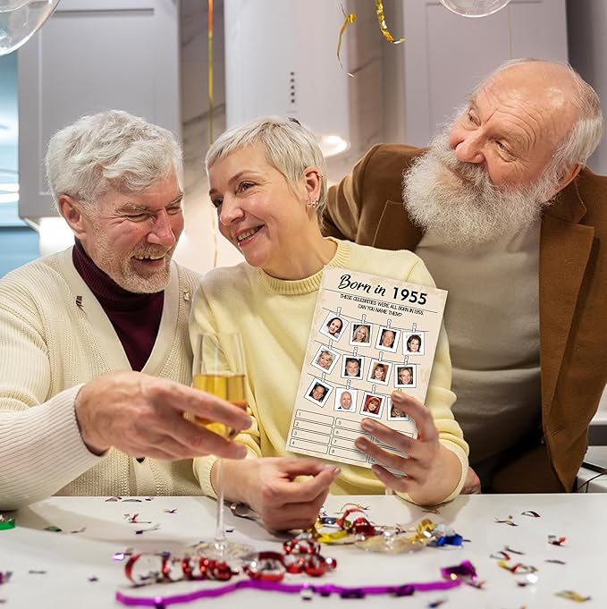 70th Birthday Party Games, Set of 2 Activities for 15 Guests, Born in 1955 Games Bundle, Birthday Party Supplies for Adults, Pack of 30 Cards