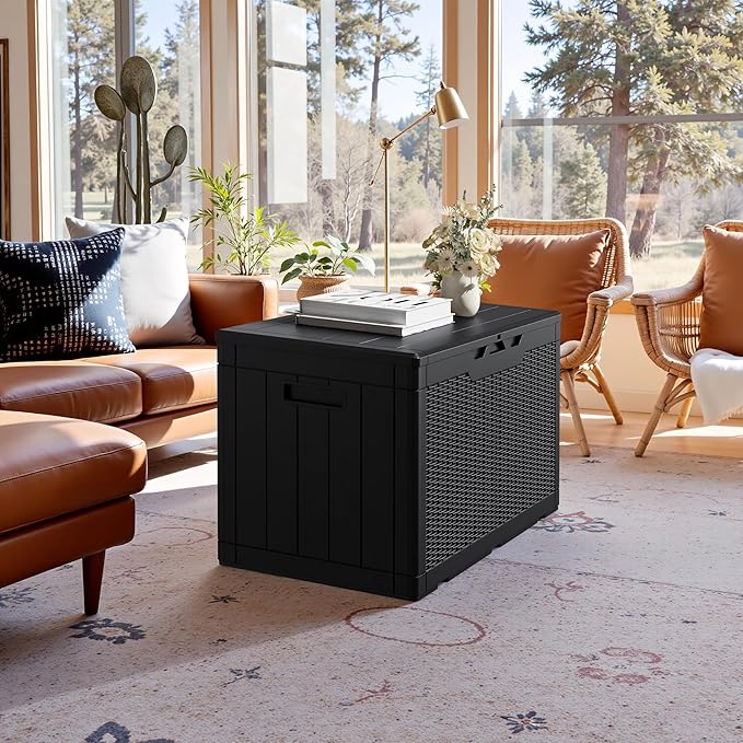 JUMMICO 100 Gallon Resin Deck Box, Waterproof Outdoor Storage Box with Lockable Lid for Garden Tools, Patio Cushions (Black)