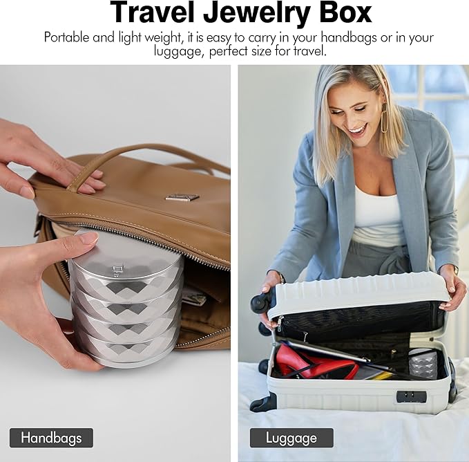 CONBOLA Travel Jewelry Case Box, Small Jewelry Organizer Earring Holder for Women, 5-Layer Rotating Jewelry Storage Tray with Lid for Bracelets Rings Bracelets